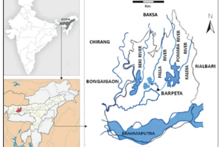 Cartographical representation of the four river locations at Barpeta district, Assam.