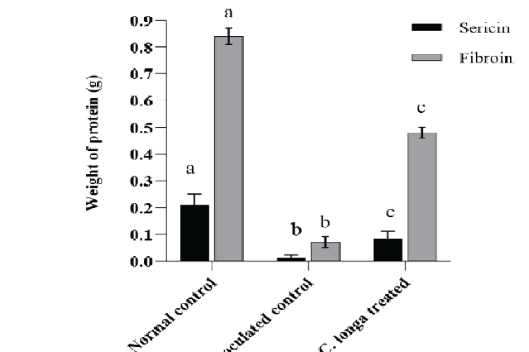 Effect of C. longa rhizome extract on sericin (g) and fibroin (g) content of silkworm A. assamensis infected with B. bassiana. Different small letters indicate significant differences within groups of each testing parameter (p < 0.05).