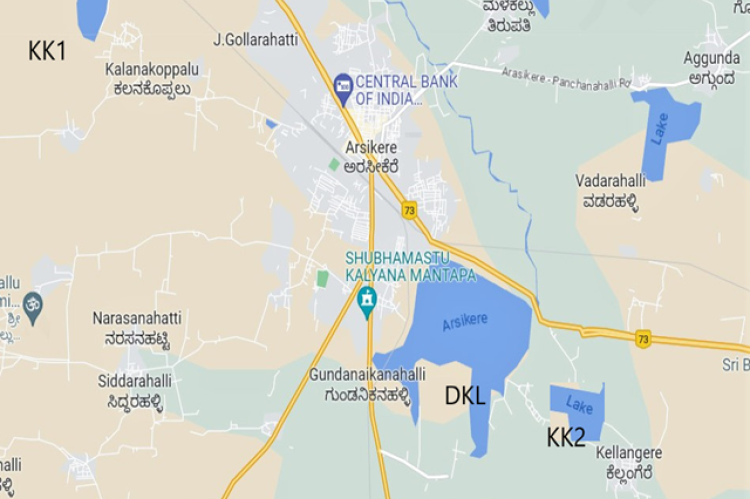Map showing ponds/lakes of Arsikere Taluk, DKL: Doddakere Lake; KK1: Kallanaikanahalli Kere; KK2: Kellengere Kere.