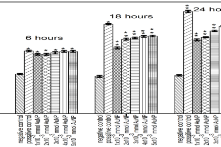 Effect of AuNPs on malondialdehyde in RBC depending on time and dose of exposure.