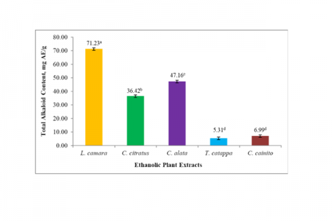 Total alkaloid content, expressed as mg AE/ g sample, in the ethanolic leaf extracts of L. camara, C. citratus