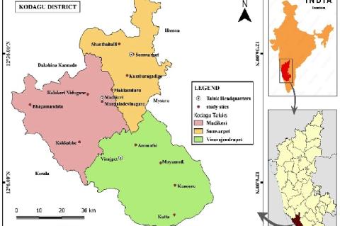 Map Showing the study sites in Kodagu District.