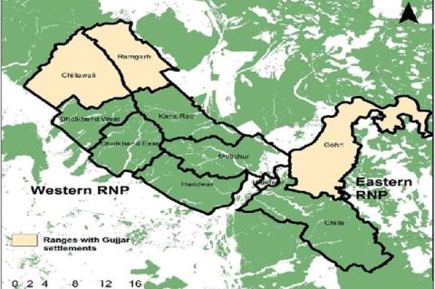 Map showing Gujjar locations (Chilawali, Ramgarh and Gohri) Rajaji National Park.