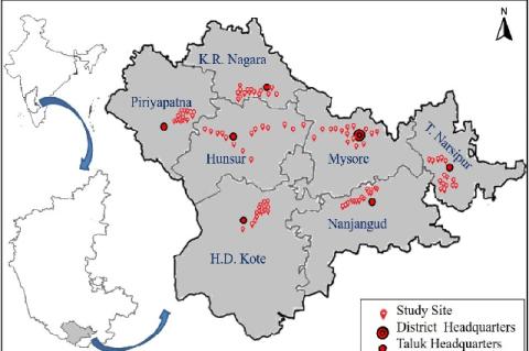 Map showing study sites in Mysore district.