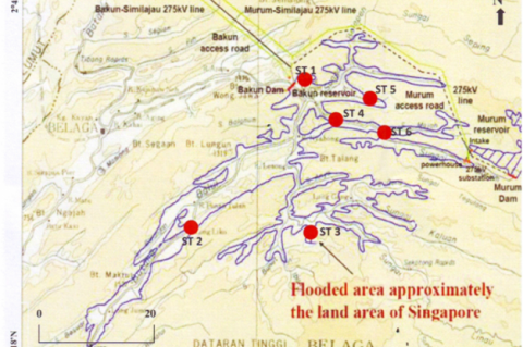 Map shows the location of sampling stations in Bakun Dam, Sarawak. 